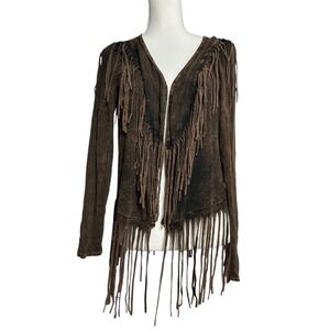 T Party Brown Fringed Open Front Cardigan Jacket Boho Western Casual Size M